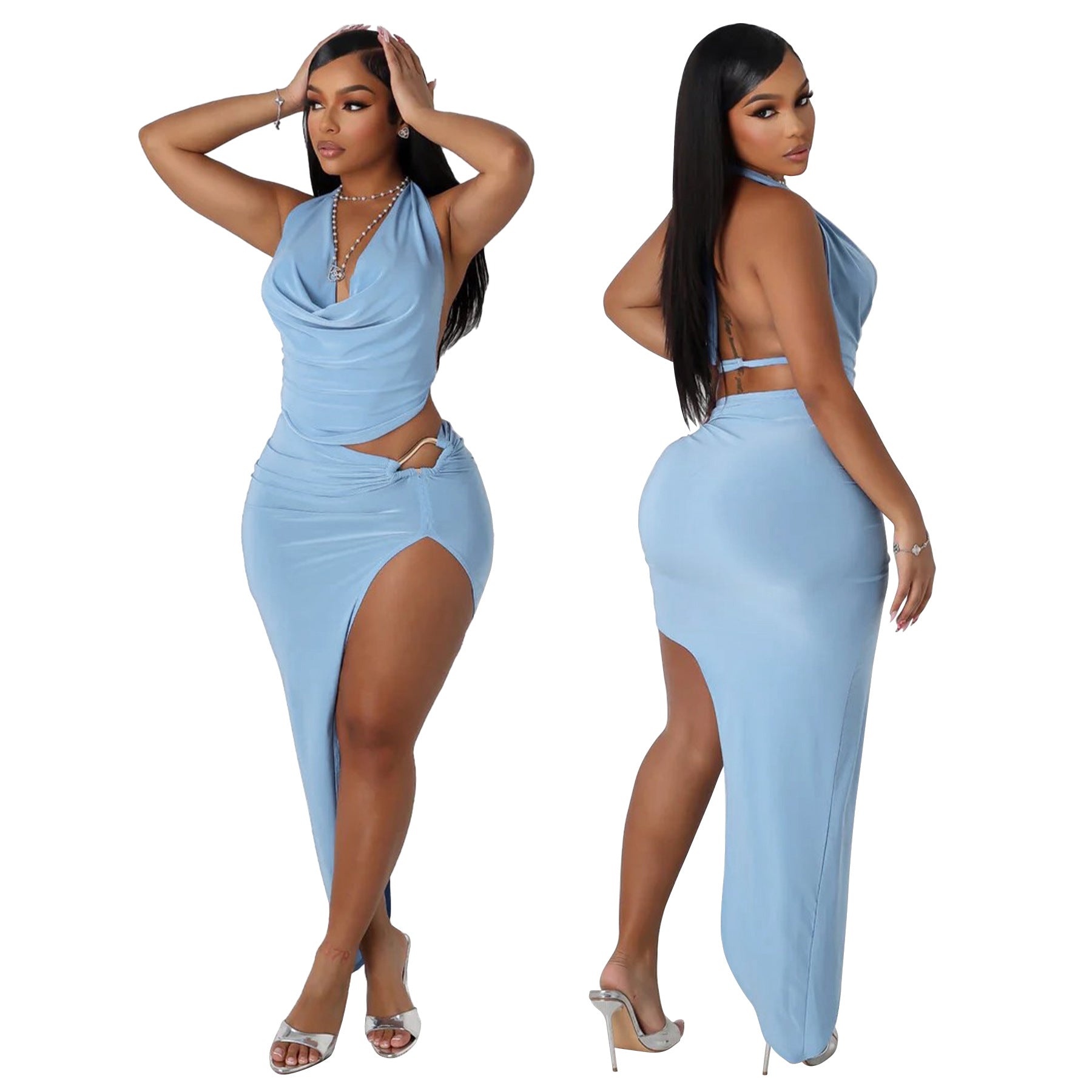 Women's Halter Neck Vest Sexy High-Slit Skirt Two Piece Set 4