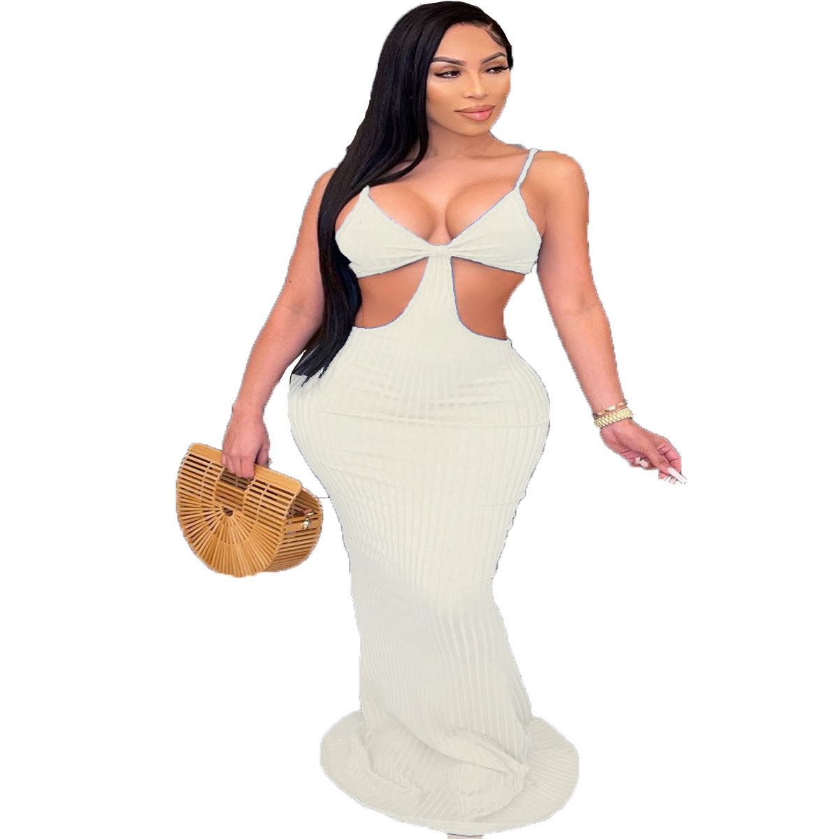 Women's Solid Color Strap Hollow Waist Long Dress