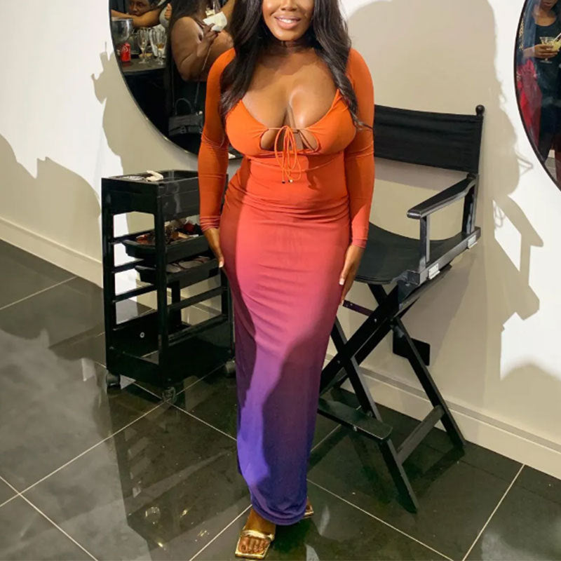 Women's Sexy Deep V Gradient Low Back Long Dress 7