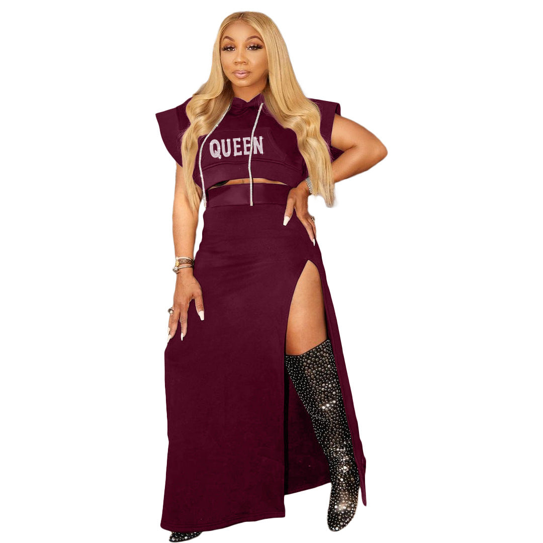 Plus Size Casual Women'S Beaded Short Sleeve Hoodies Slit Maxi Skirt Two-Piece Set 10