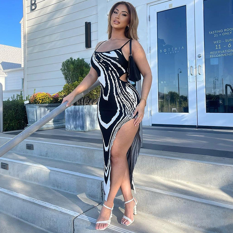 Women Casual Printed Sexy Backless Hollow Slit Strap Dress 3