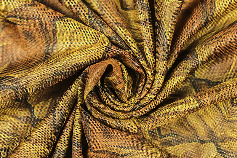 Elegant Women's Slim Waist Semi-Sheer Printed Round Neck Long Sleeve A-Line Dress 17