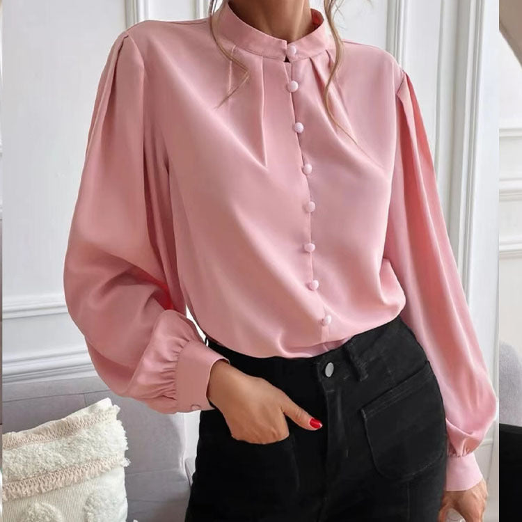 Women's Shirt Spring Elegant Solid Color Long Sleeve Button Loose Women's Top 11