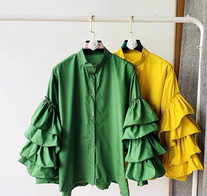 Women multi-layered ruffled Bell Bottom loose-sleeved Stand Collar shirt 10