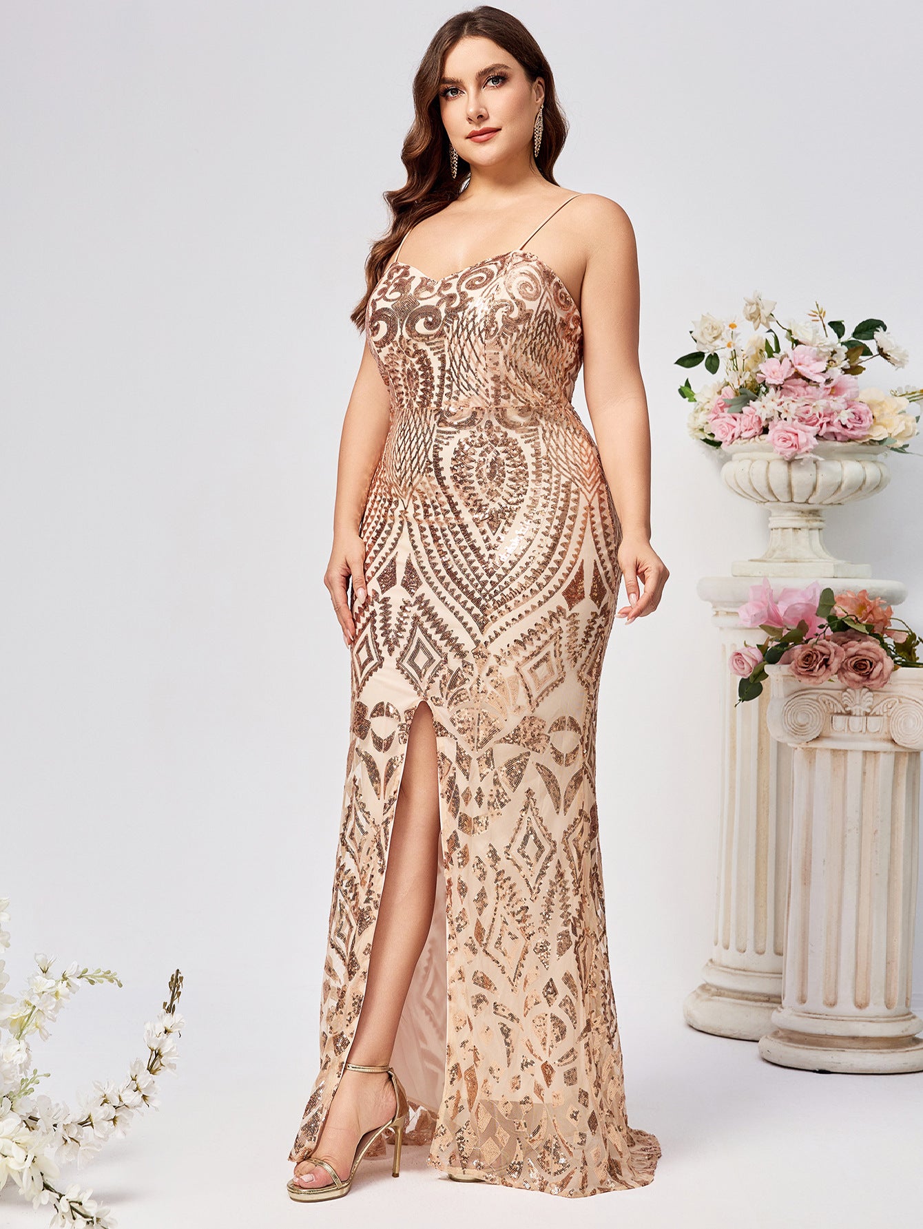 Plus Size Women Strap Sequin Fishtail Party Evening Dress