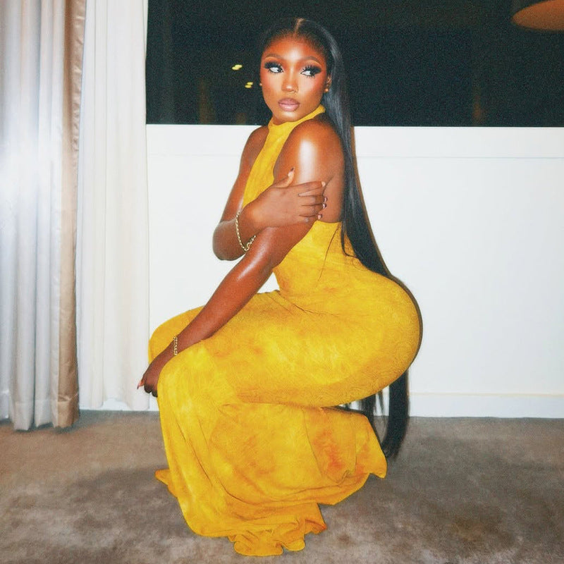 Women Elegant Sexy Backless High Neck Bodycon Fishtail Dress 4