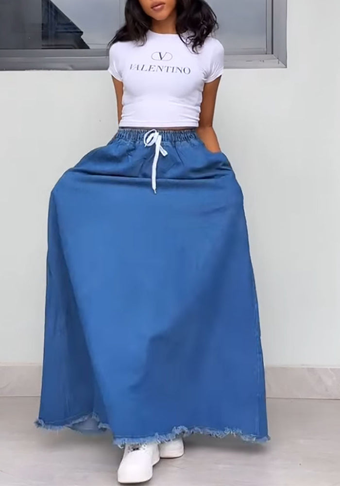 Women's Fashion Washed Solid Color Drawstring High Waist Ruffle Long Denim Skirt
