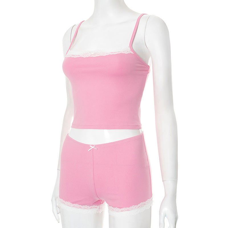 Women Spring and Summer Suspender Lace Bow Lace Crop Top and Shorts Two-Piece Set 6