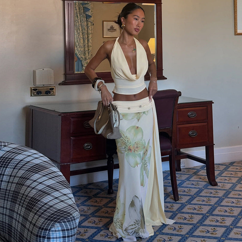 Women Sexy Halter Neck Backless Top Patchwork Mesh Print Slit Skirt Two Piece Set 3