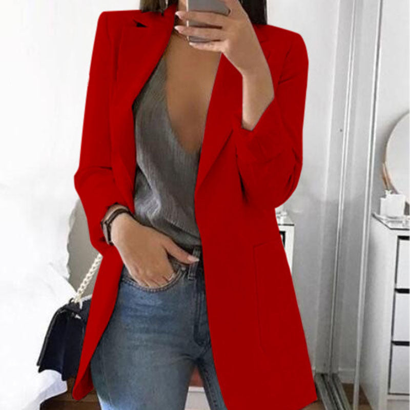 Spring Fall Women's Long Sleeve Plain Pocket Cardigan Blazer Jacket 6