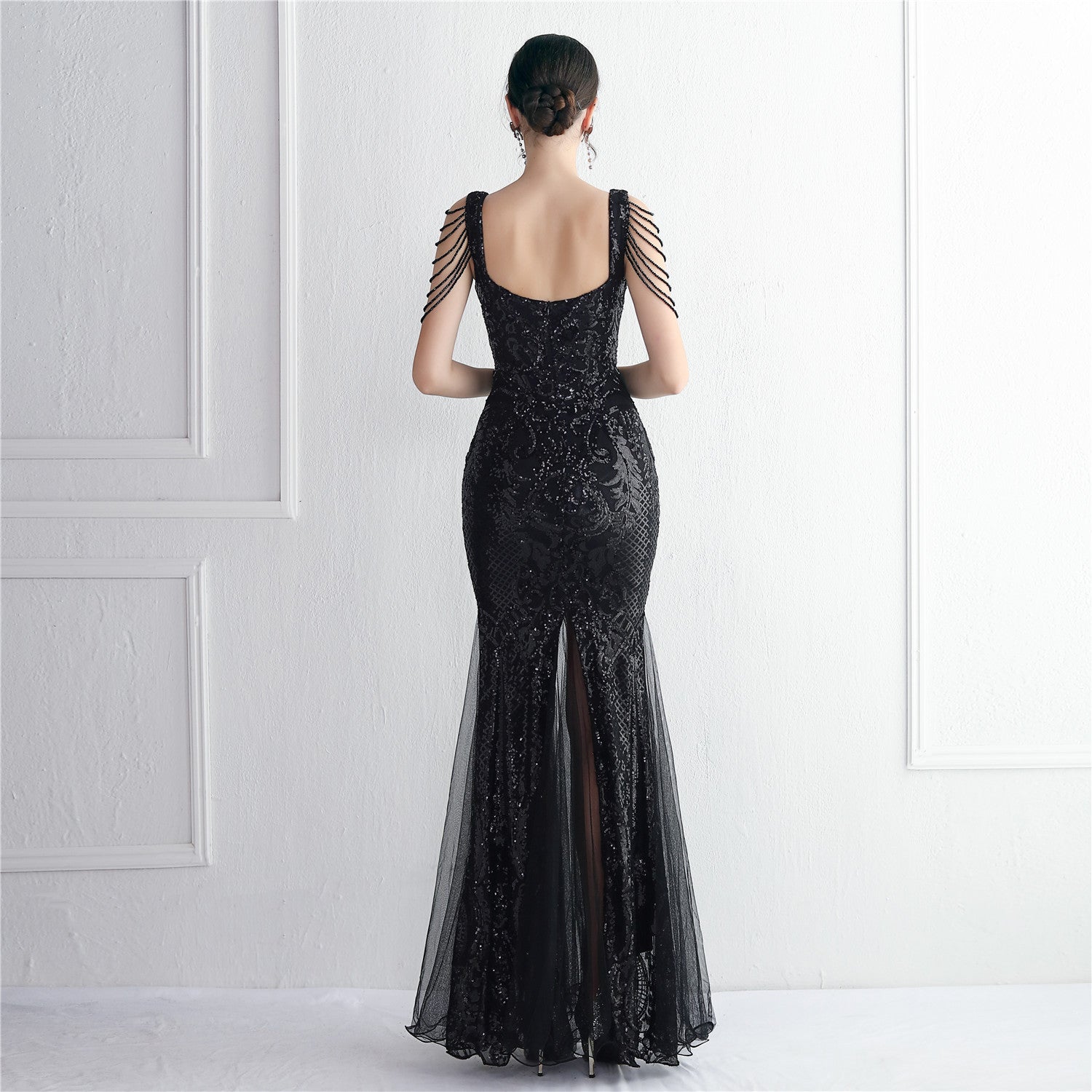 Chic Elegant Long Beaded Mesh Long Evening Dress Long Formal Party Slim Evening Dress 9