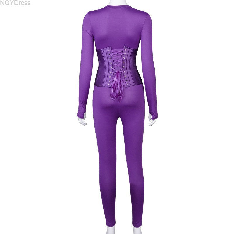 Women's Autumn Solid Color Corset Zipper Tight Fitting Casual Jumpsuit Two Piece Set 38