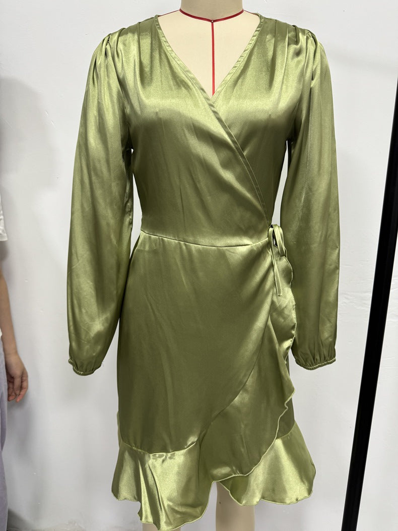 Summer V-Neck Satin Dress Slim Waist Midi Dress 13