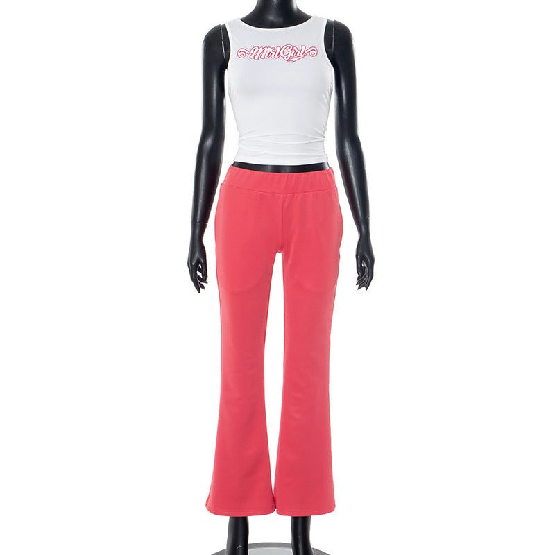 Women's Spring/Summer Round Neck Beaded Letter Print Vest Elastic High-Waist Bell Bottom Pants Two Piece Set 5