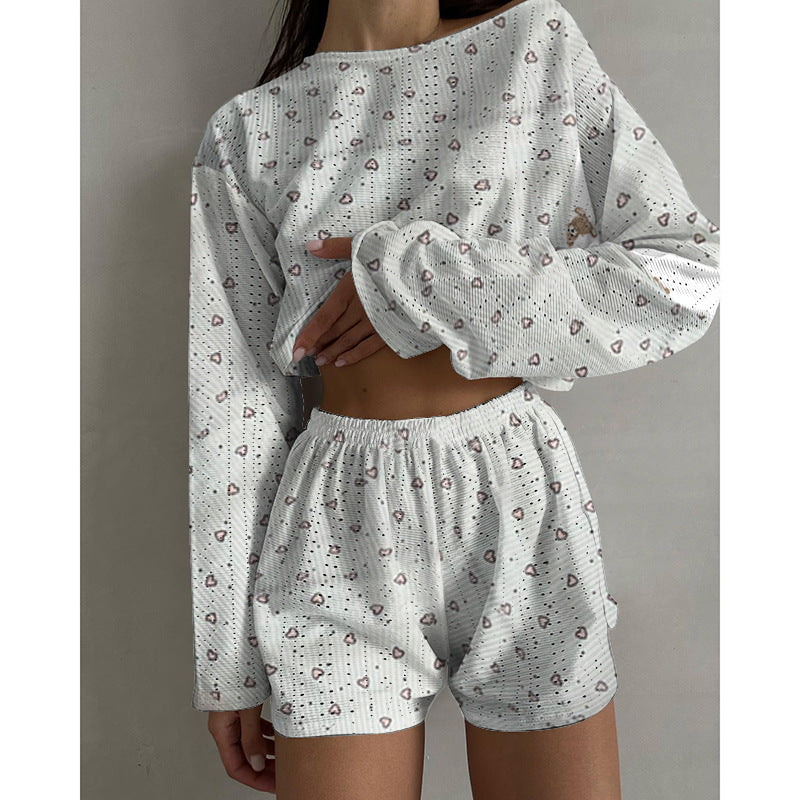 Women's Pajama-Style Two Piece Set Fashionable Slim/Loose Pullover Top & Shorts 3