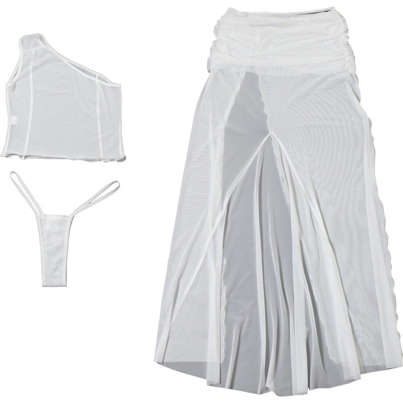 Women summer sexy one-shoulder mesh see-through top and skirt two-piece set 10