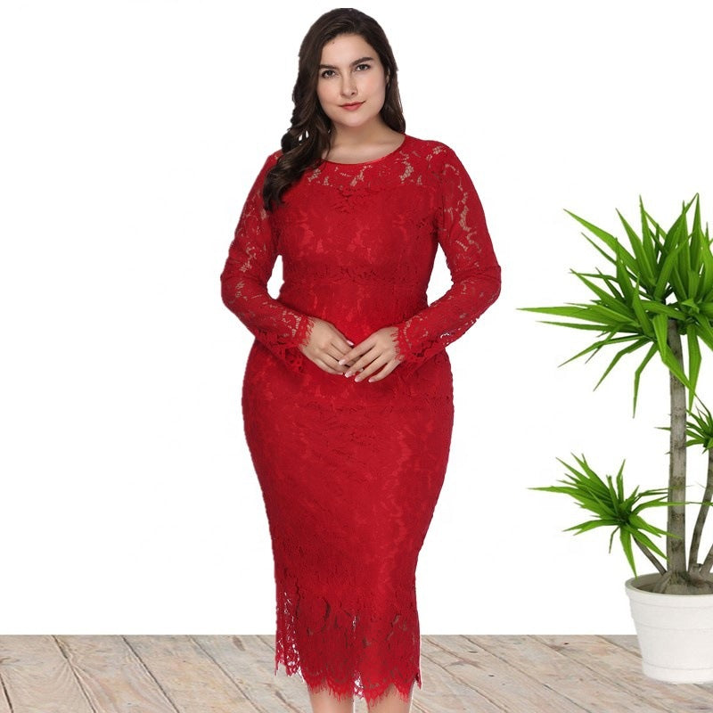 Plus Size Women Long Sleeve Lace Dress 13