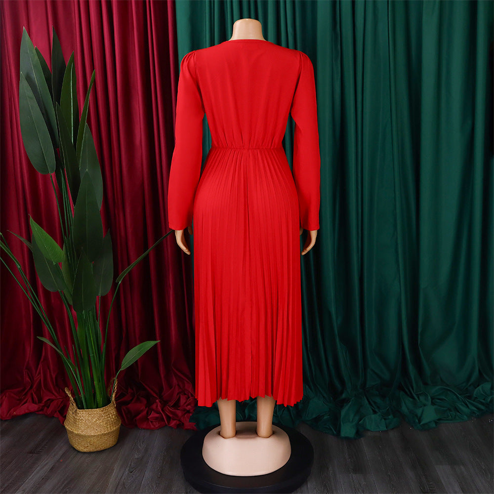 V-Neck Chic Elegant Slim Waist Belted Pleated High Waist Plus Size Dress 19