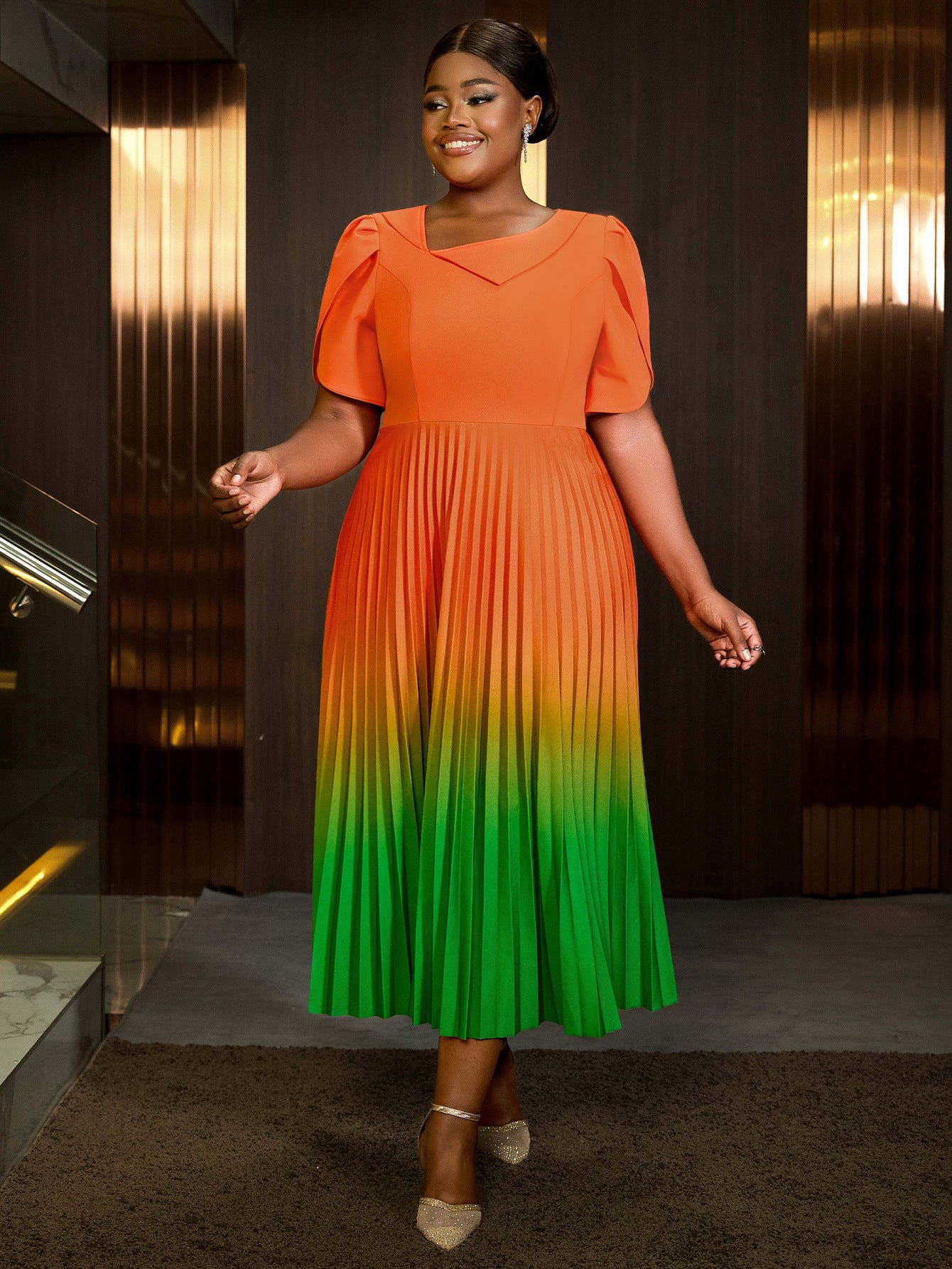 Women Gradient Contrast Formal Party Comfortable Pleated Dress 5