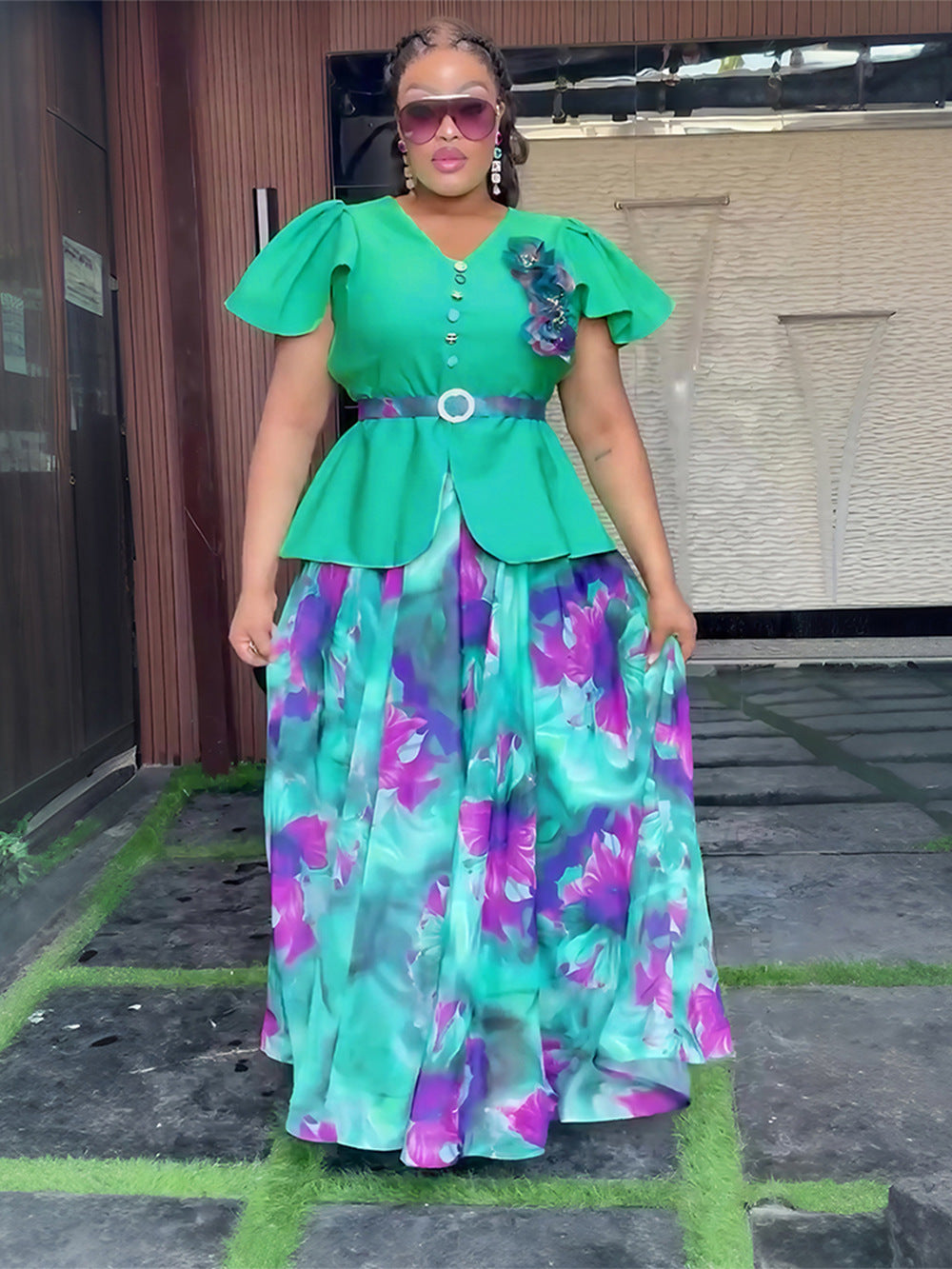 Print Button A-Line Plus Size Dress 5