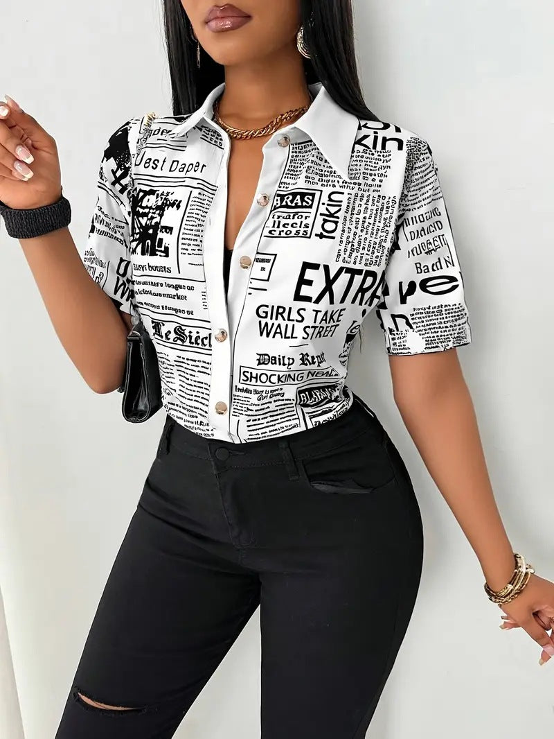 summer fashion newspaper print single-breasted v-neck women shirt 3