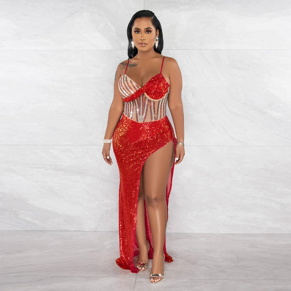 Women Fashion Sexy V Neck Straps Sequins Beaded Slit Evening Dress