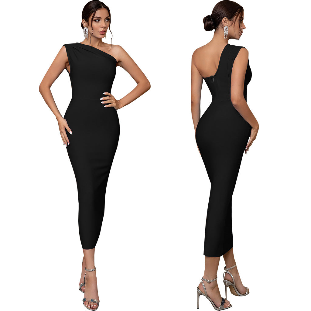 Sexy solid color one shoulder women's dress 7