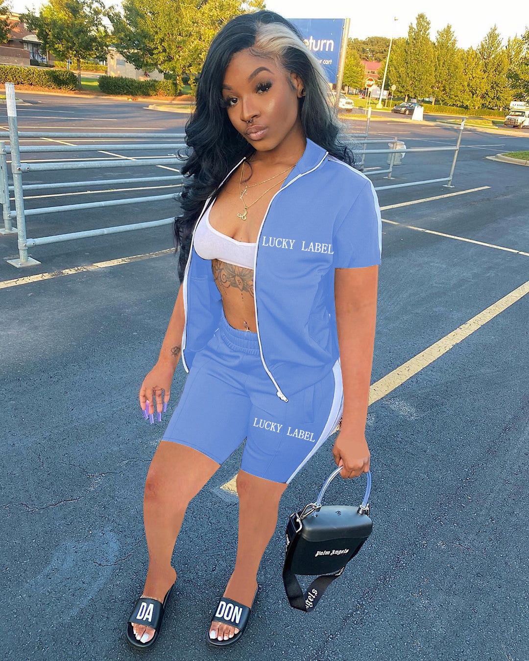 Women's Fashion Letter Embroidery Zipper Sports Two-Piece Shorts Set 13