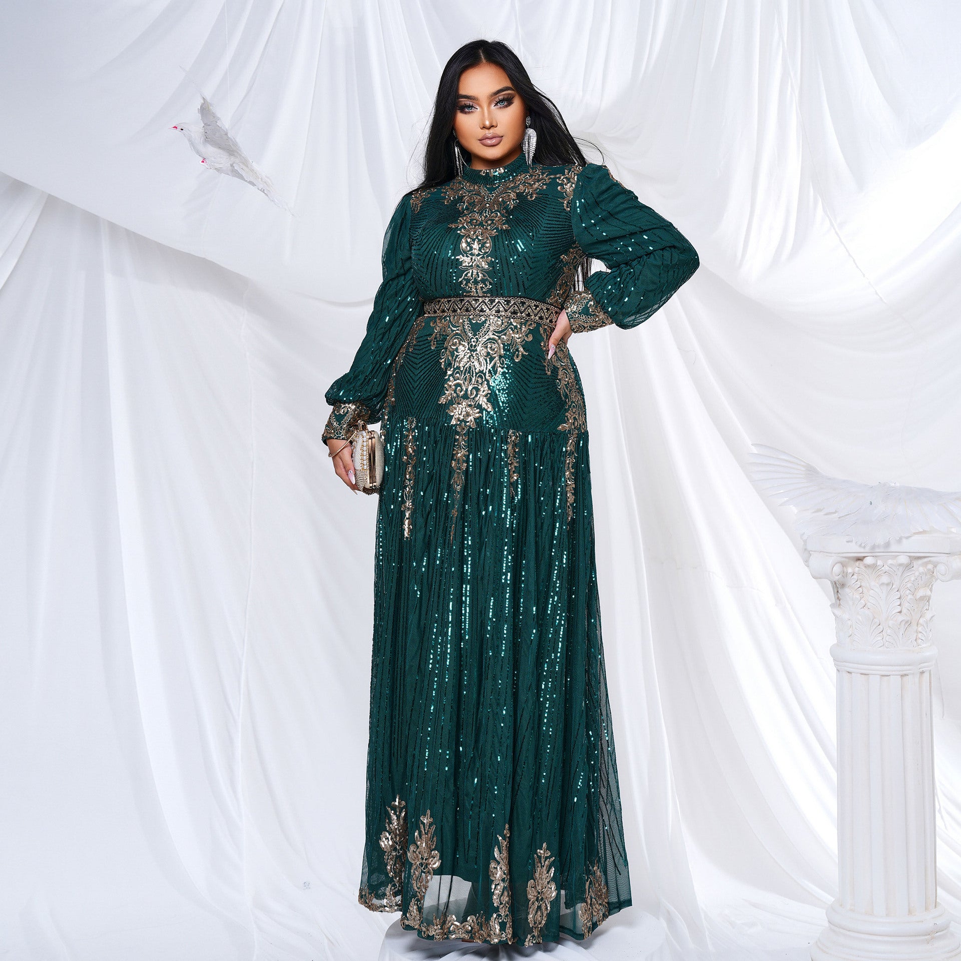 Plus Size Women Long Sleeve Round Neck Formal Party Sequin Maxi Evening Dress 6