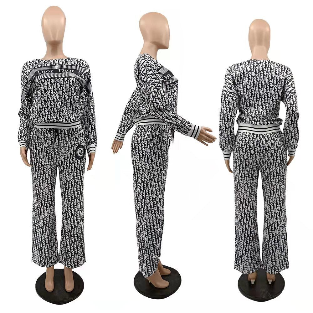 Women's Fashion Casual Trendy Ribbed Long Sleeve Loose Wide Leg Two-Piece Pants Set 12