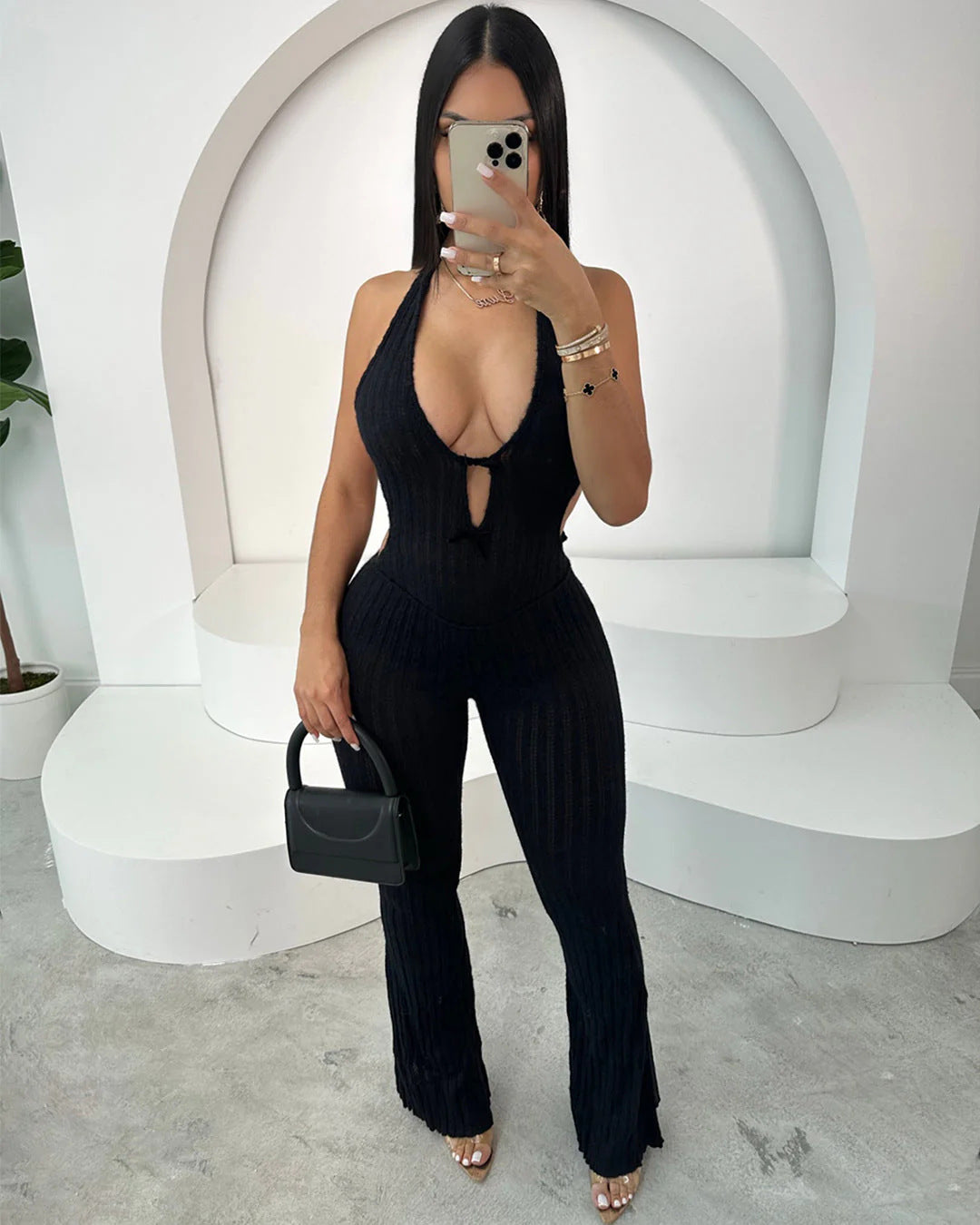 Women's Halter Neck Low Back Flare Jumpsuit 5