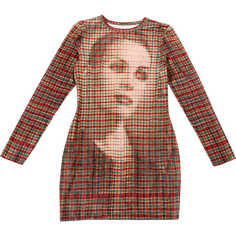 Women's Autumn Slim Fit Check Print Long Sleeve Bodycon Short Dress 9