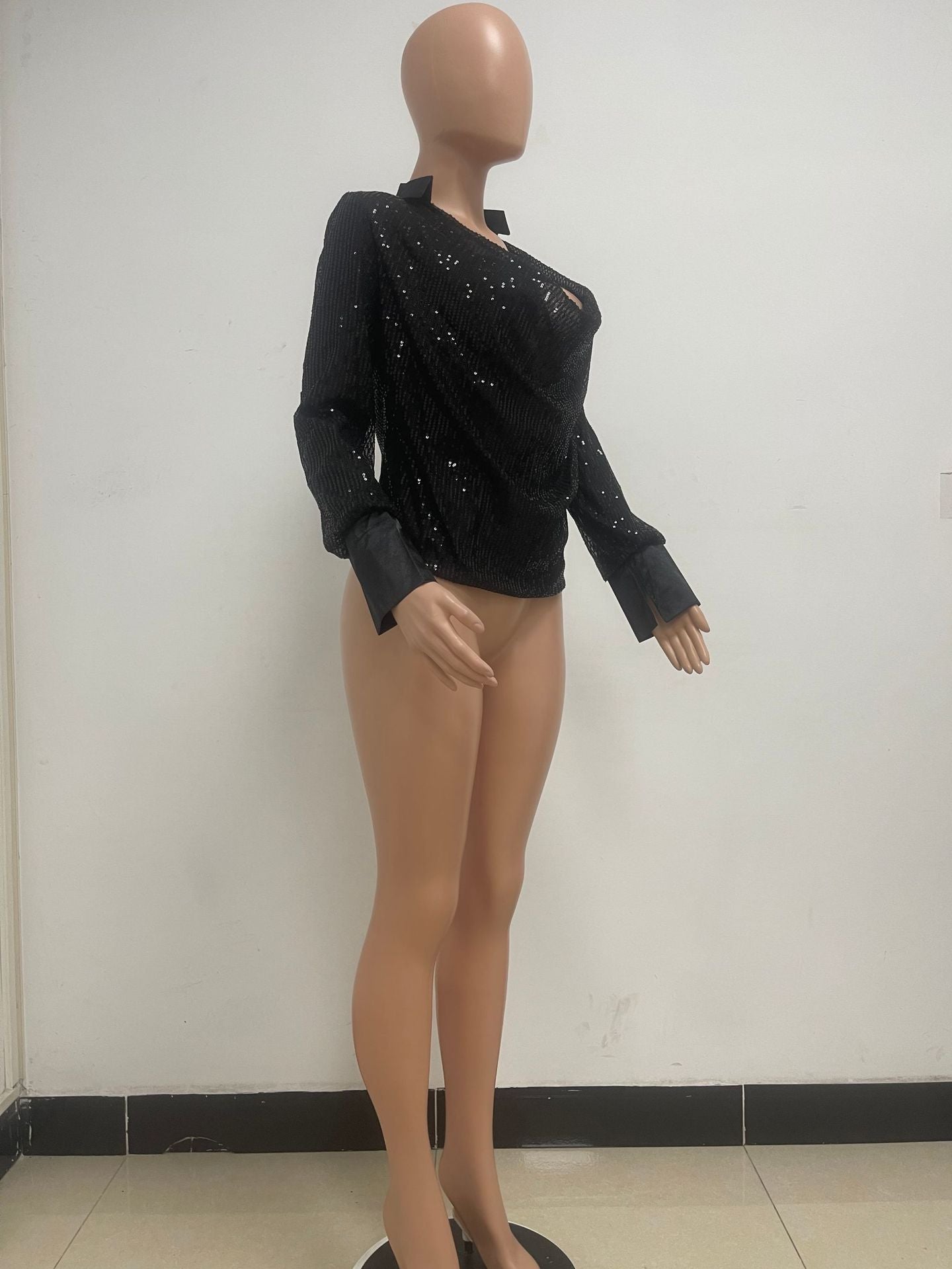 Women's Deep V Pleated Loose Ladies Chic Sequin Long Sleeve Shirt 40