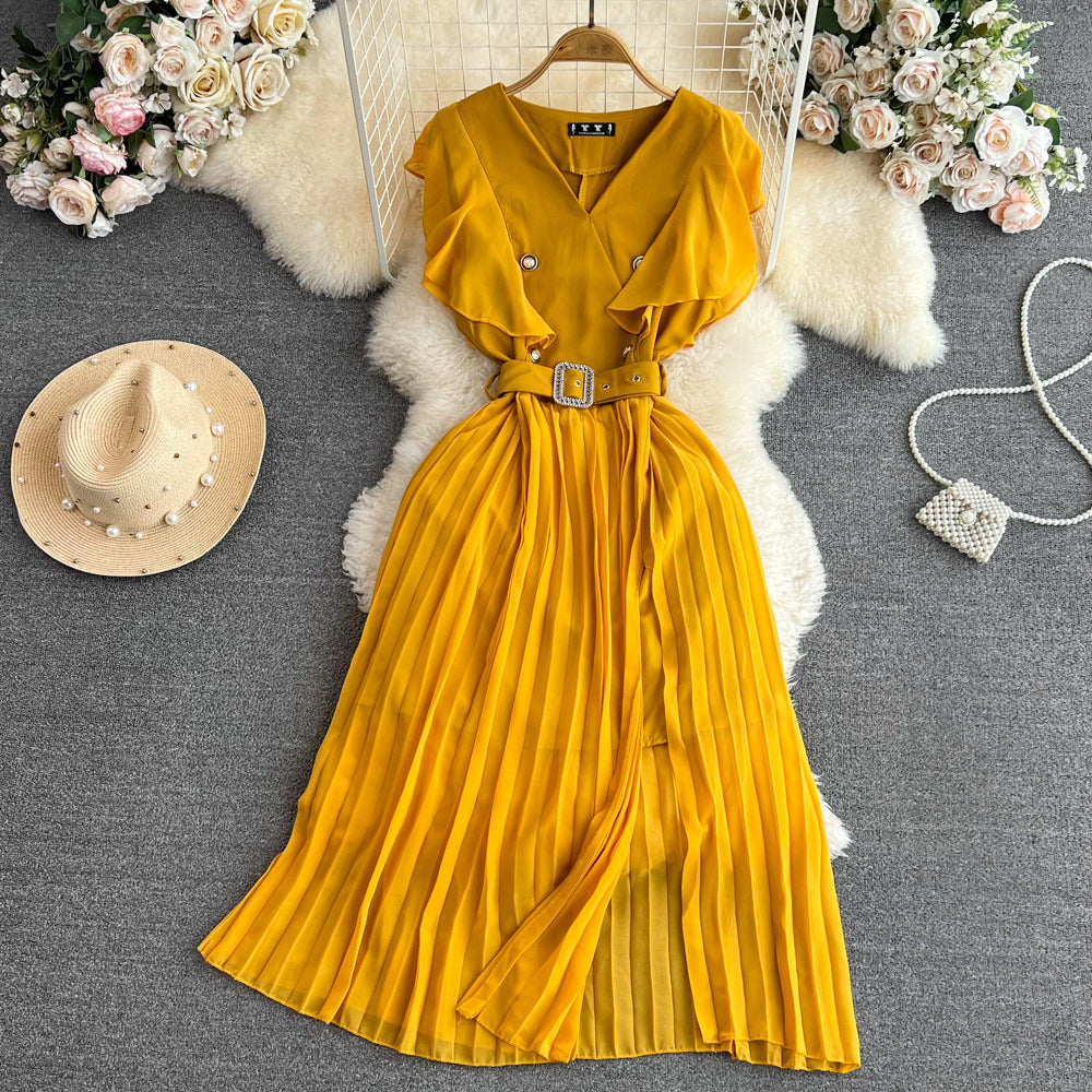 Women Contrast Color Flying Sleeve Collar Slit Pleated Dress 17