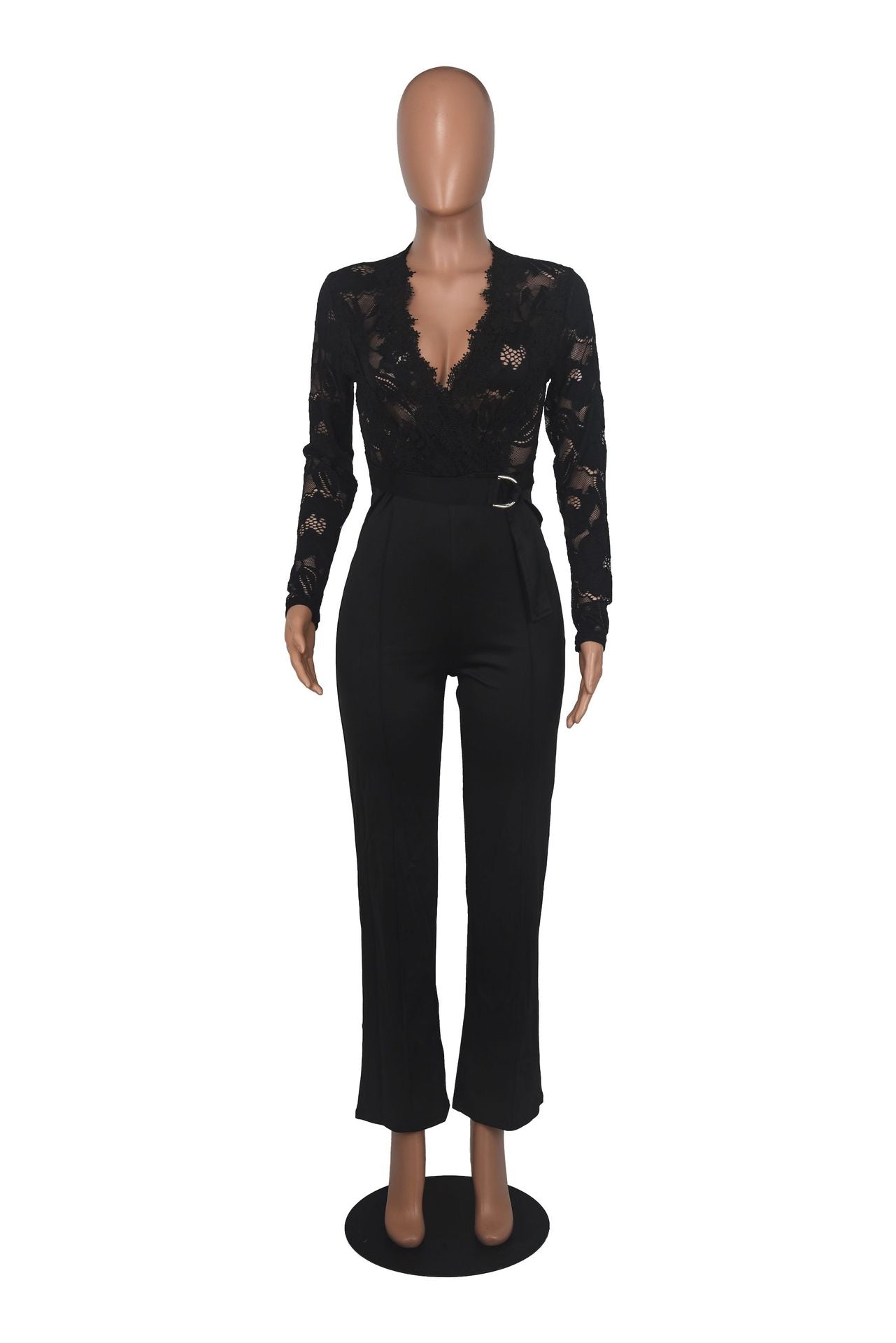Fashion Sexy Casual Slim V-Neck Lace See-Through Jumpsuit 13