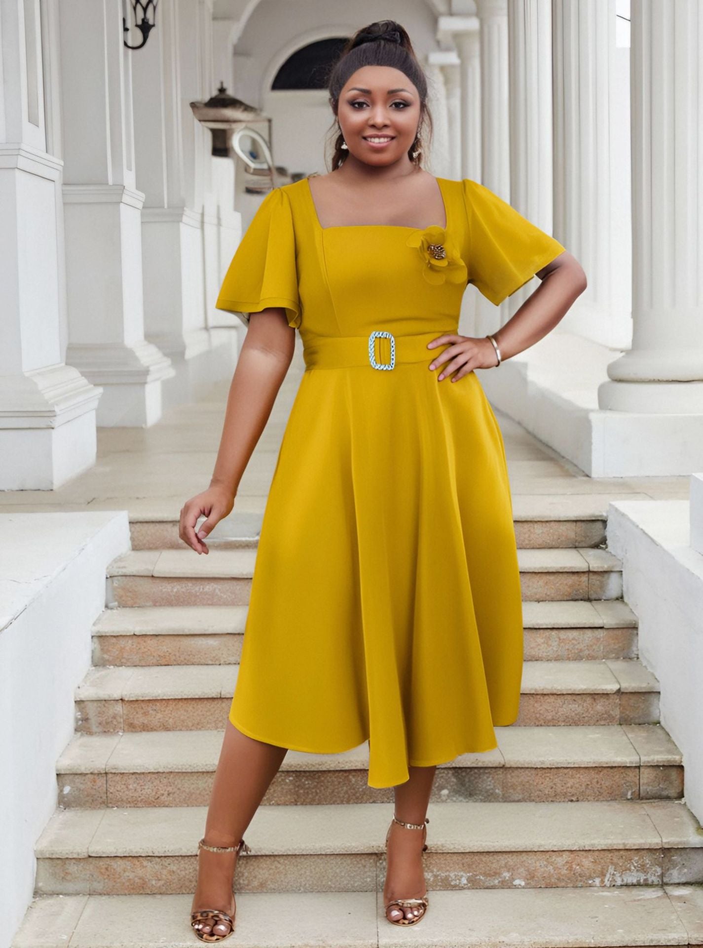 Plus Size Women Square Neck Solid High Waist Dress 9