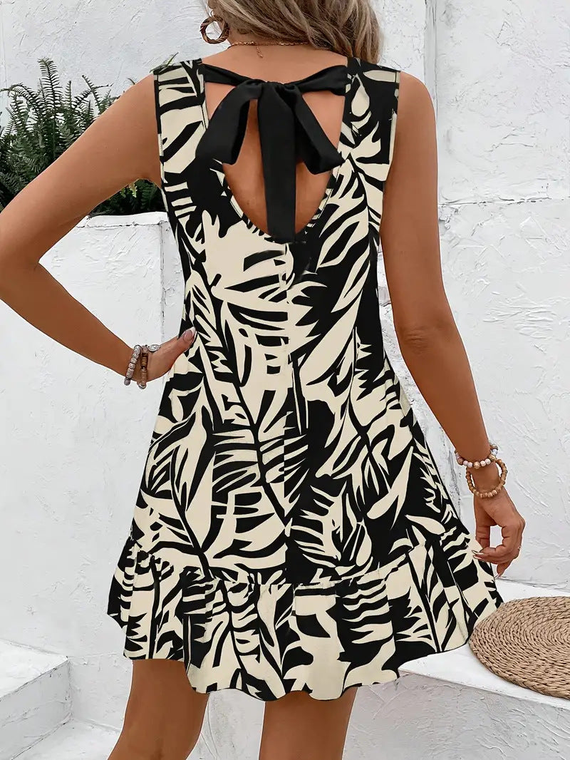 Women Elegant Summer Sleeveless Tropical Floral Print Lace-Up Dress