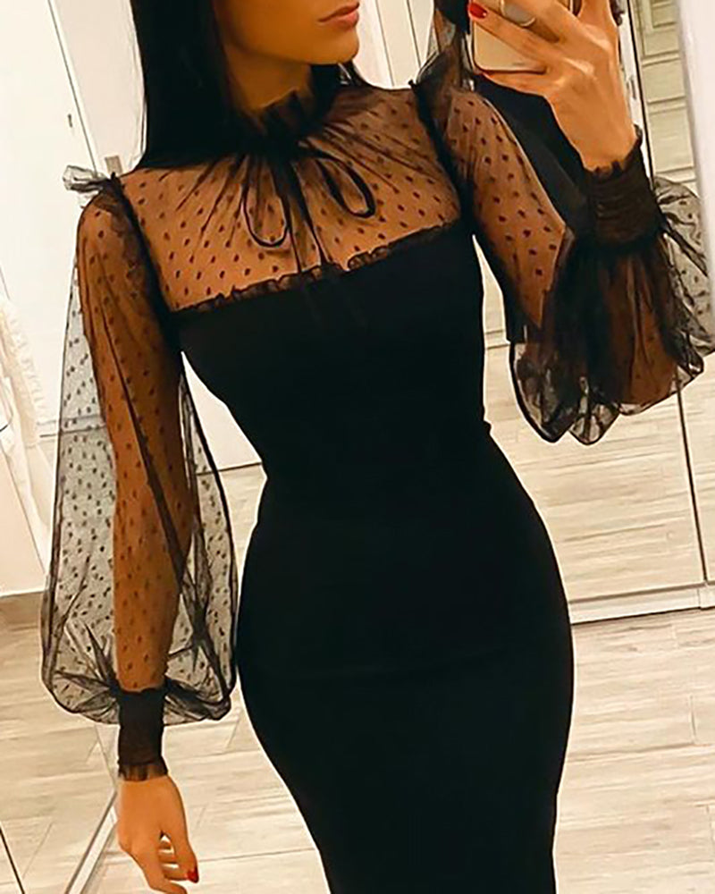 Women Black Mesh Patchwork Lantern Dress 4