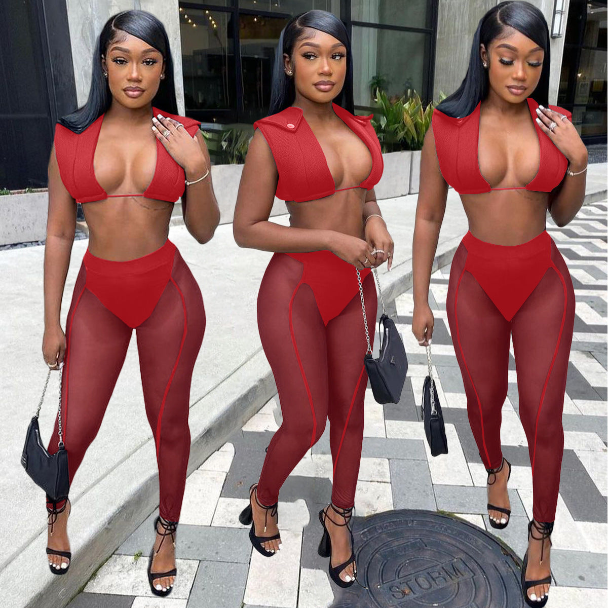 Women 's Mesh See-Through Hollow Vest Mid-Waist Sexy Pants Two Piece Set 6