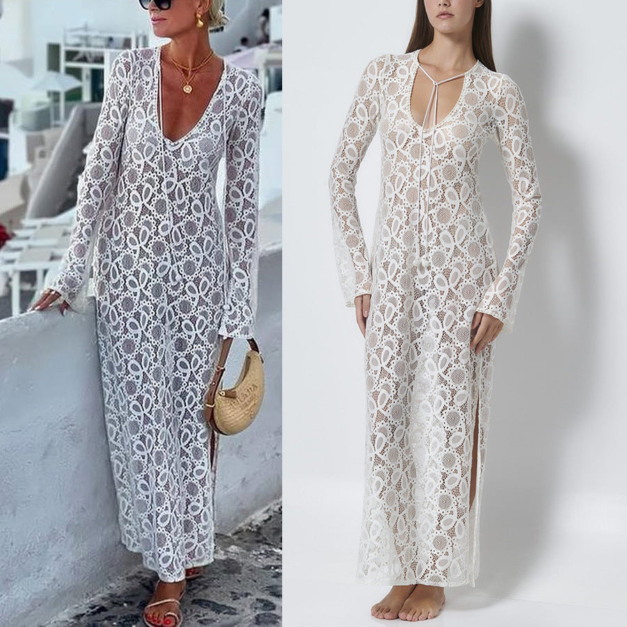 Spring Summer Long-Sleeved See-Through Lace Loose Holidays Slit Dresses 3