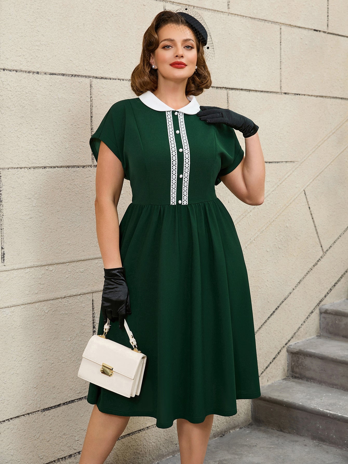 Plus Size Retro Peter Pan Collar Cocktail Elegant A-Line Dress 11