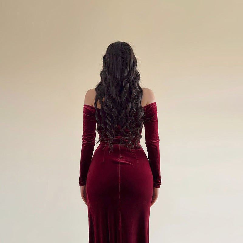 Women Off Shoulder Sexy Slit Velvet Dress