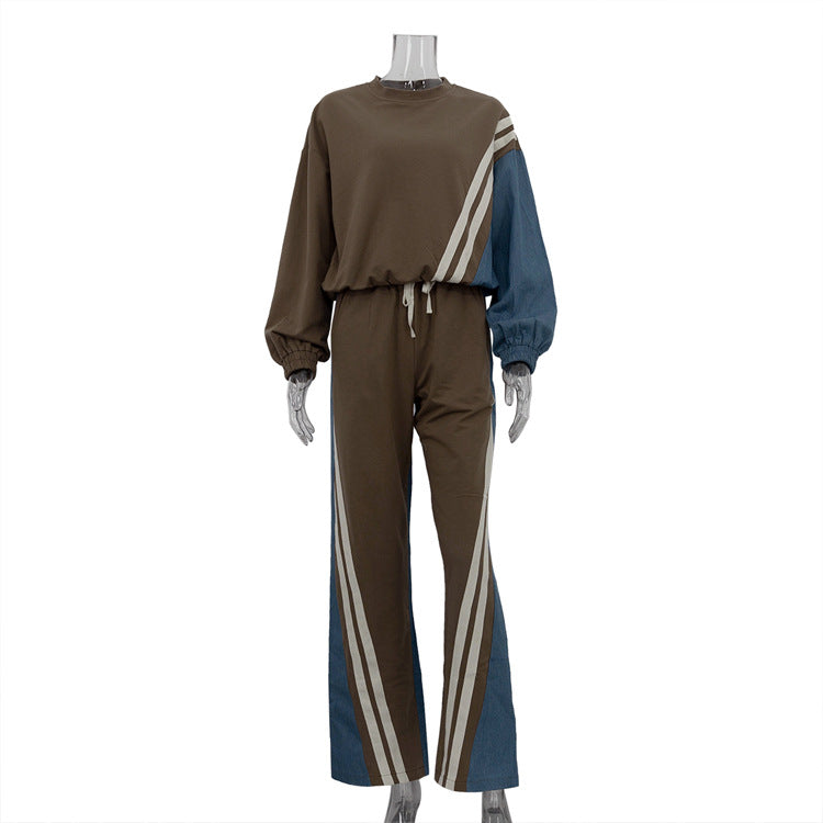 Women American sports style contrast striped top and trousers Two Piece Set 7