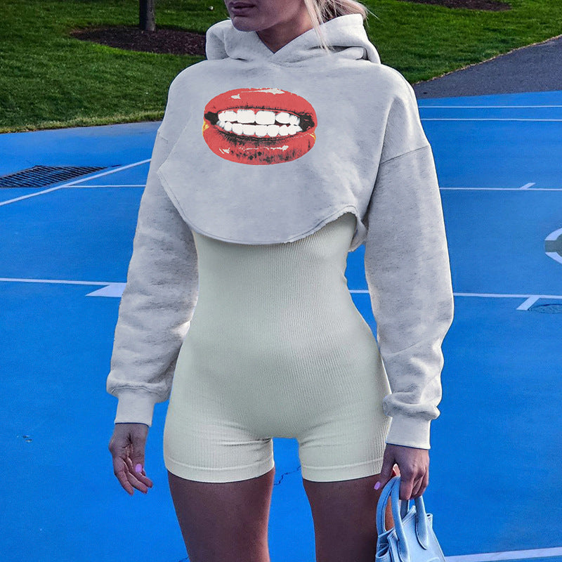 Women American Street Sports Long Sleeve Loose Big Red Lip Crop Hoodies