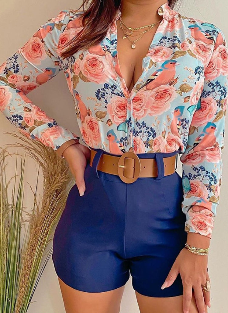 Summer Formal Print Long Sleeve Blouse and Plain Shorts 2 Piece Set