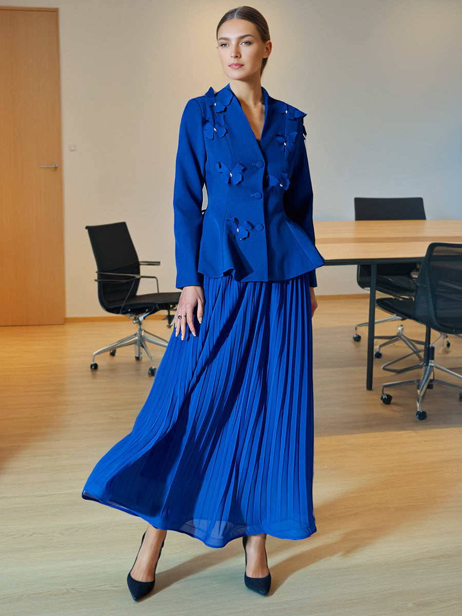 Women Elegant Butterfly Blazer Jacket + Pleated Skirt Two-piece Set