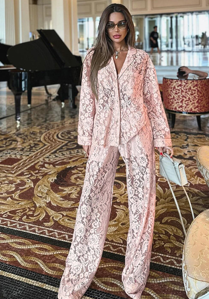 Women Lace See-Through Turndown Collar shirt and trousers Two Piece Set