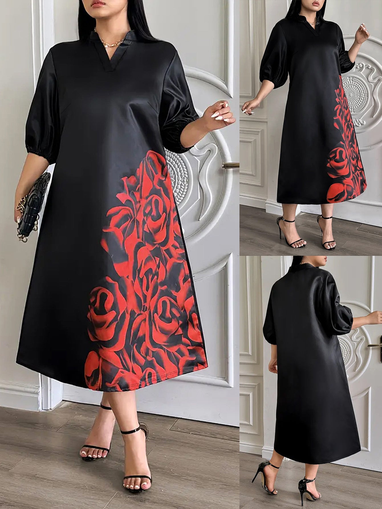 Half Sleeve V-Neck A-Line Plus-Size Dress 3