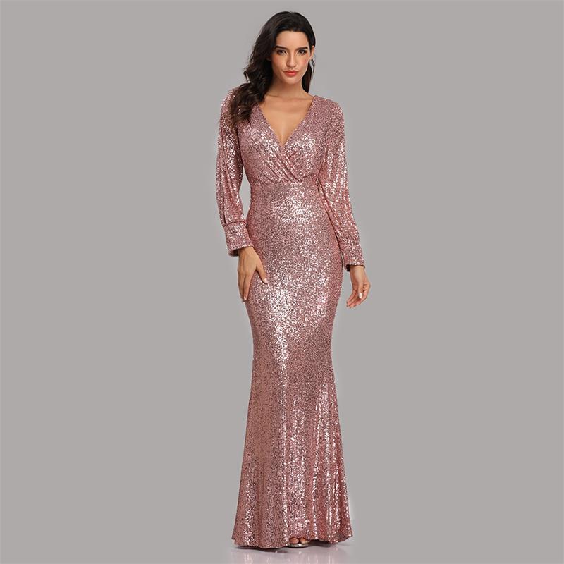 Plus Size Women Long Sleeve V-Neck Sequined Mermaid Evening Dress 12