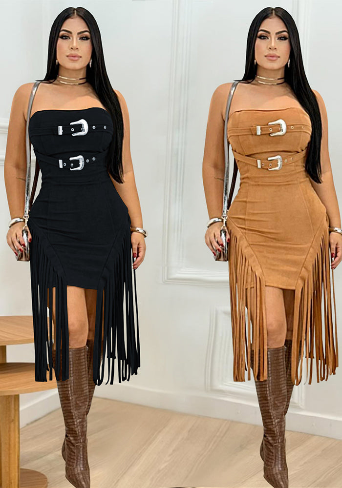 Strapless Low Back Fringe Dress